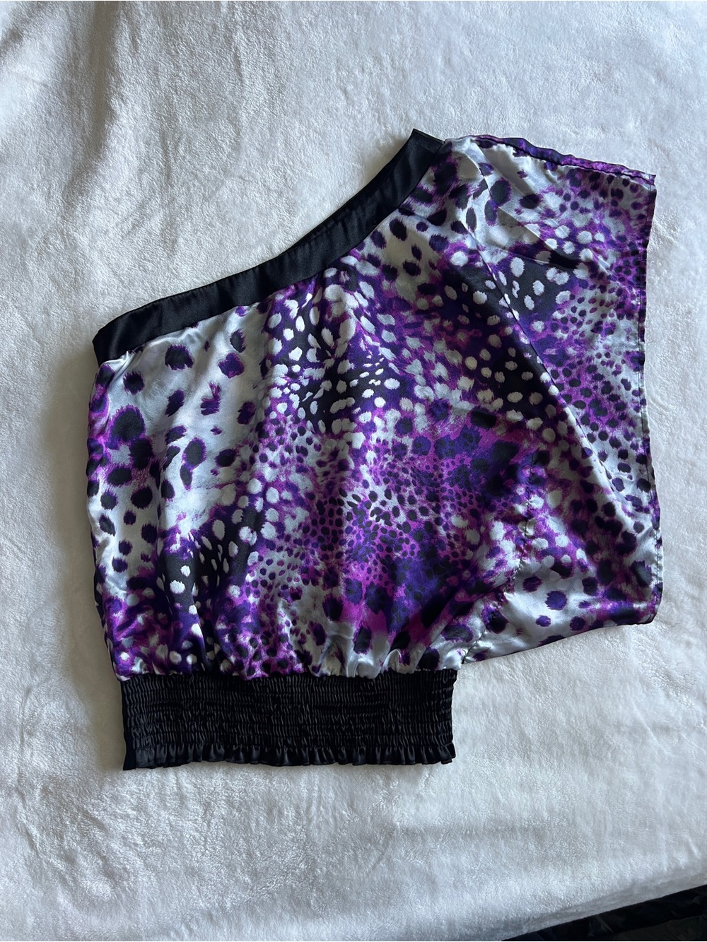 Bettie Page Purple and Black Animal Print One-Shoulder Top